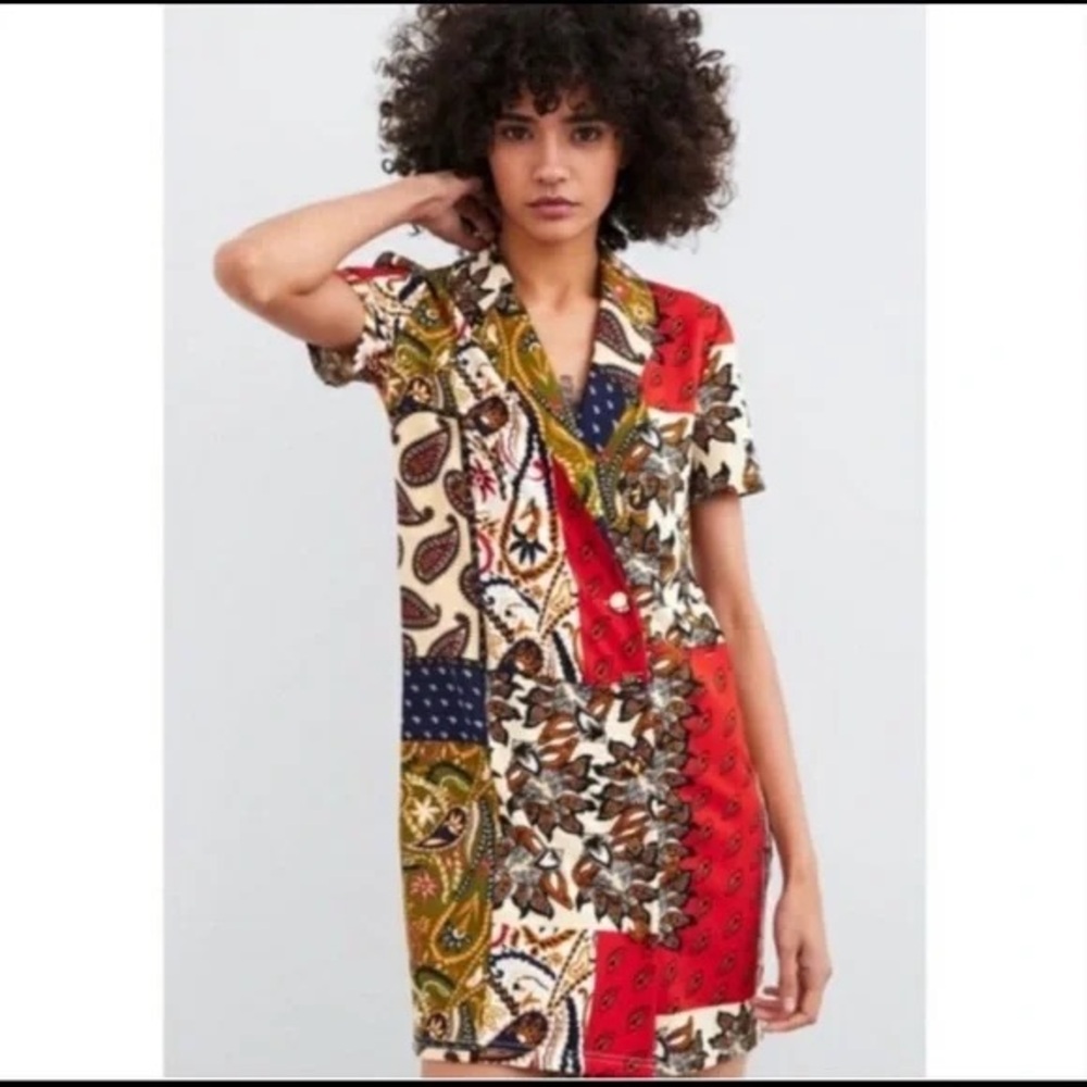 ZARA Patchwork Paisley Short Sleeve Collared 70s Mini Dress EUC Size Small